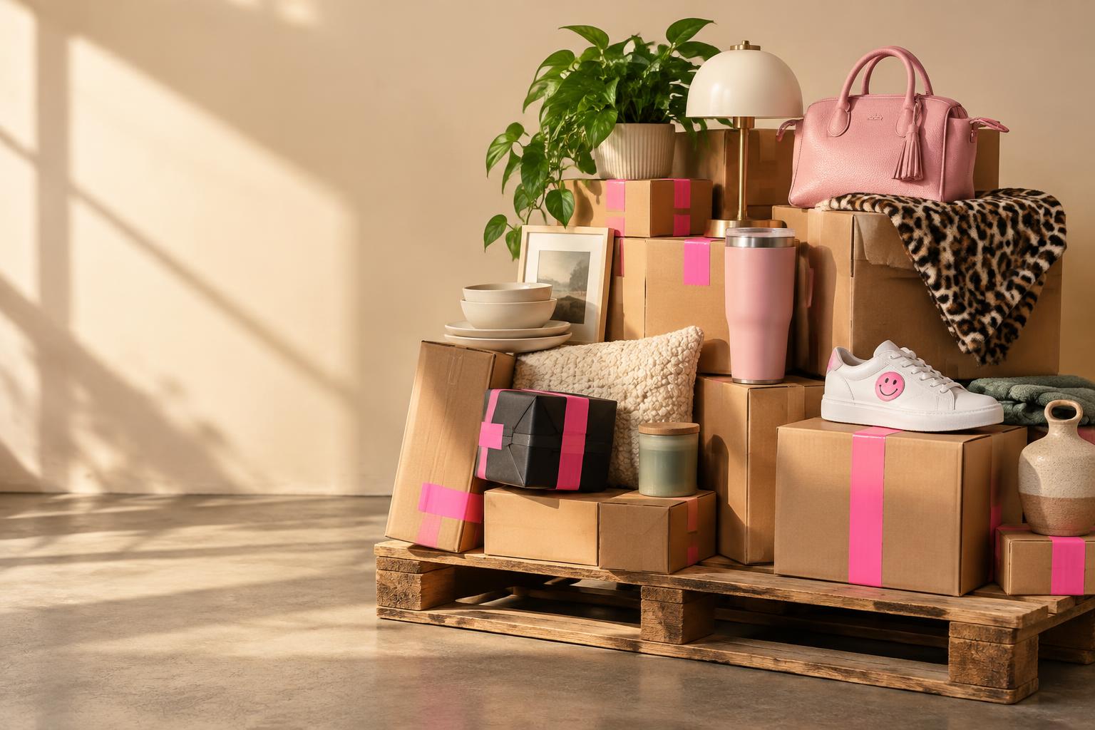 A pallet of mystery boxes, home goods, clothing and accessories